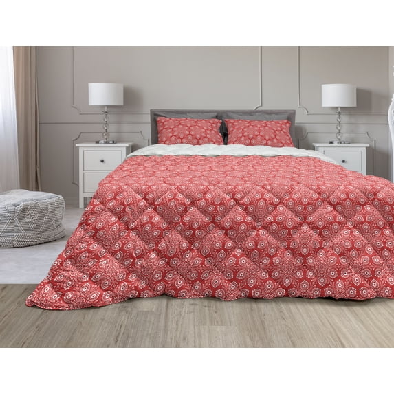 Christmas Comforter & Sham Bedding Set, Merry Monochrome Pattern of Snowflake Motif with Dots Winter Image, 3 pcs Duvet Set Microfiber Filling Quilt, 5 Sizes, Dark Pink White, by Ambesonne