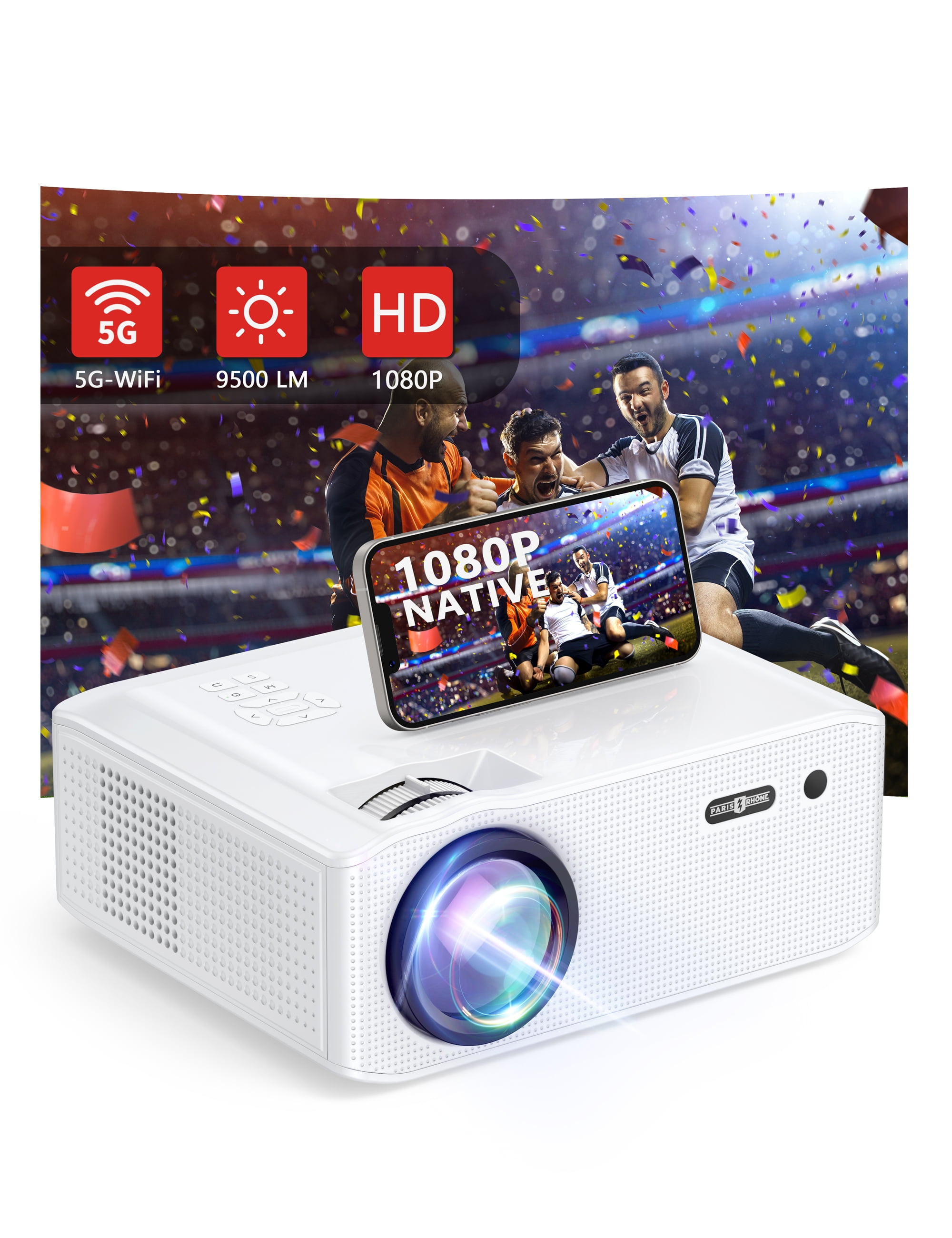Paris Phone 5G WiFi Native 1080P Projector, 9500LM Portable Outdoor  Projector with Dual Speaker, 350 ANSI Lumen, Support Keystone Correction,  HDMI