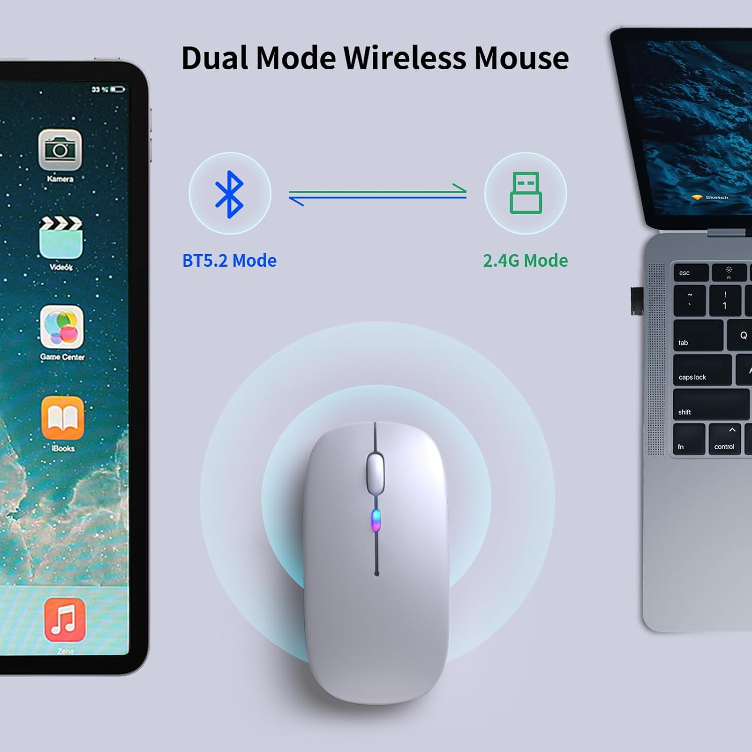 Wireless Bluetooth Mouse – Rechargeable, Silent, Dual Mode (Bluetooth 5.2 & USB) with LED Lights – Portable for Laptop, Desktop, & Tablet(Black)