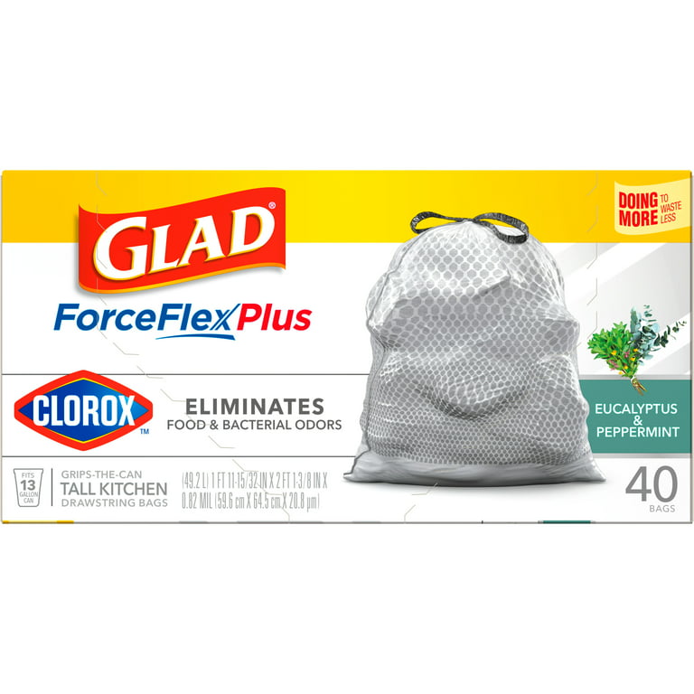 Glad Tall Kitchen Trash Bags ForceFlexPlus with Clorox, 13 Gallon,  Eucalyptus and Peppermint, 90 Count (Package May Vary)