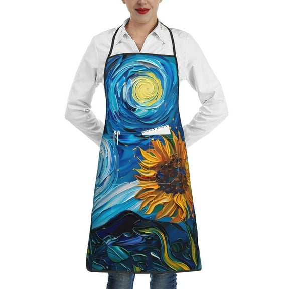 Easygdp Starry Night Sunflower Field Apron Waterdrop Resistant with 2 Pockets,Oil Resistant Cooking Kitchen Chef Apron for Women Men