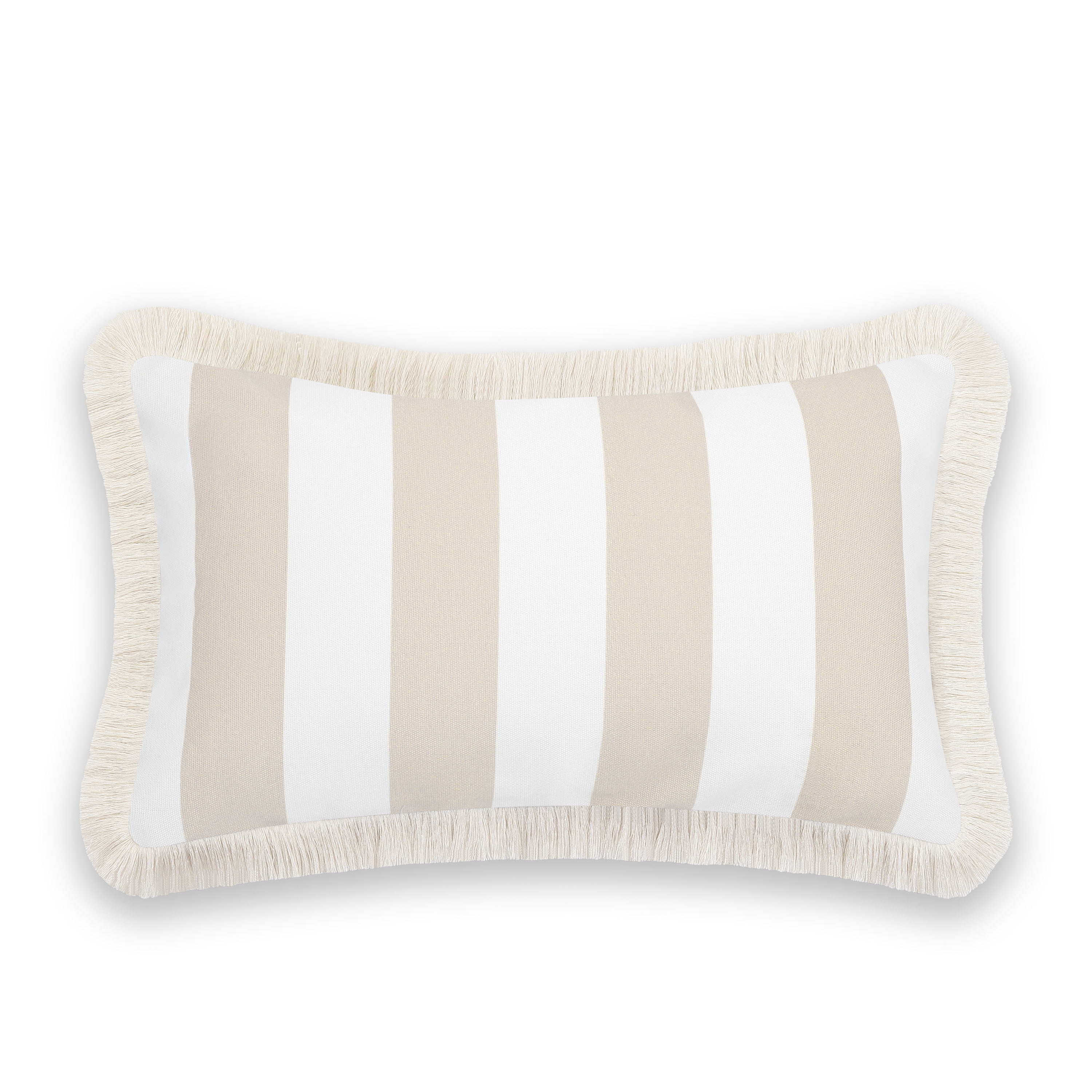 Hofdeco Premium Fall Coastal Patio Indoor Outdoor Lumbar Pillow Cover Only, 12"x20" Water Repellent for Backyard, Couch, Neutral Tan Stripe Fringe