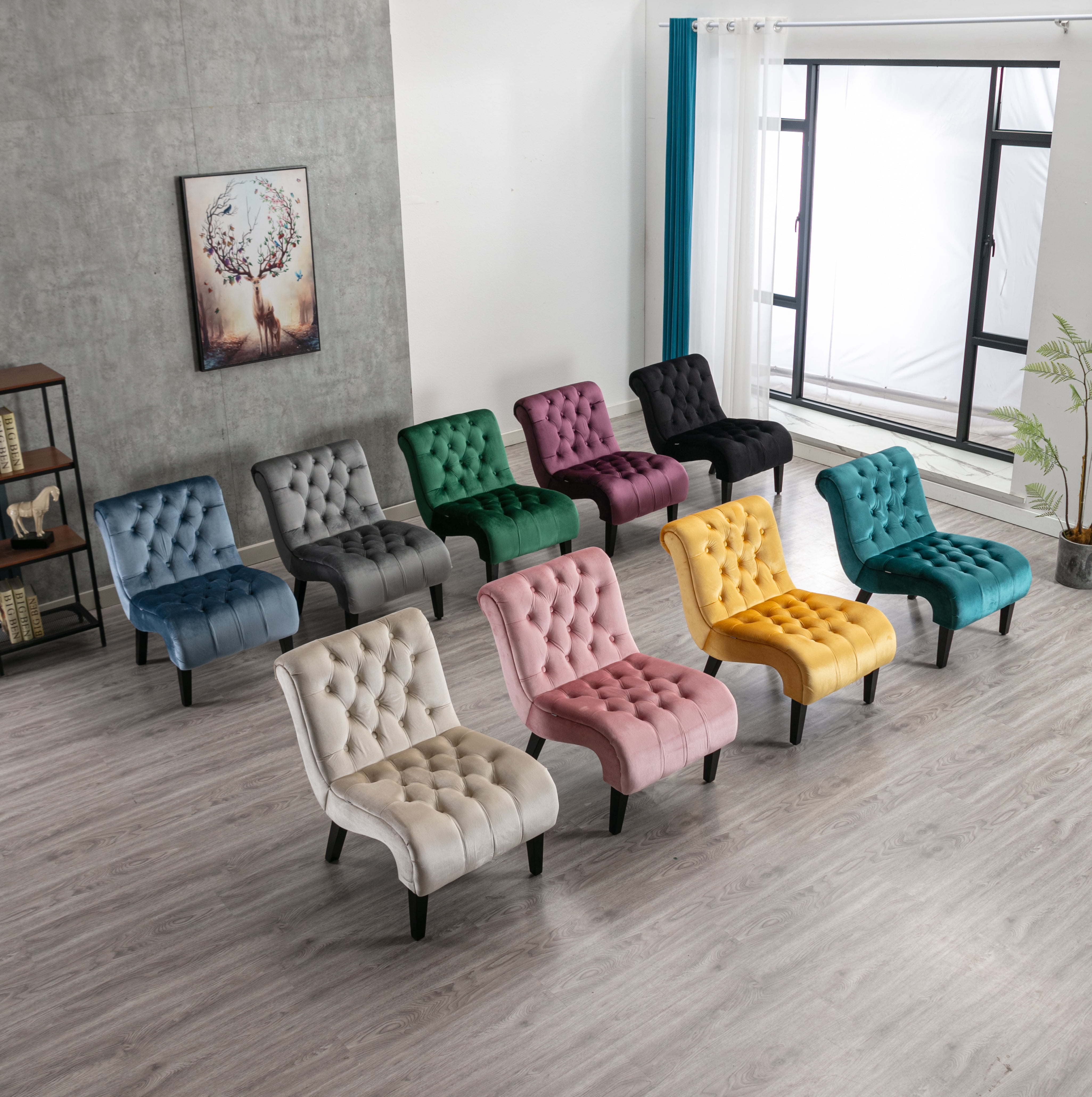 MAYEERTY Modern Velvet Armless Accent Living Room Chair / Leisure Chair,Upholstered Fabric Button Comfortable Chair with Wooden Legs for Bedroom, Living Room, Office，Green Velvet)