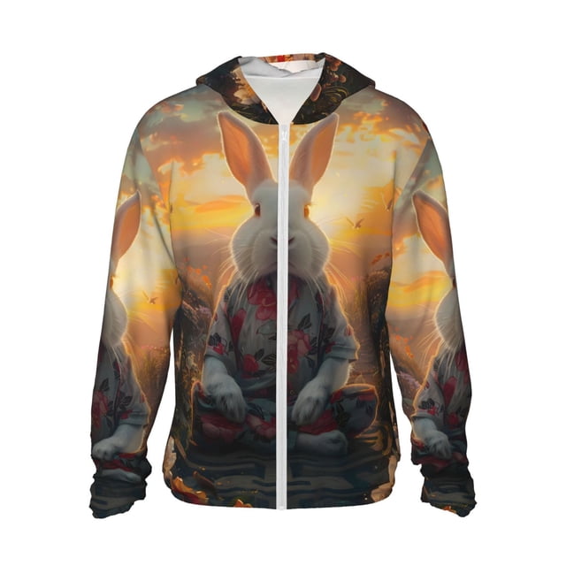 Vsdgher Flower Meditating Rabbit Print Adult Hoodie Shirts Rash Guard for Men Women,Long Sleeve Sun Protection Fishing Shirts for Athletic Running Swim-Medium