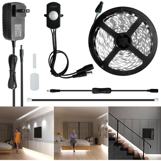 shiyou-Motion Sensor LED Strip Light Under Cabinet Lighting Kit, LED Strip Light with Motion Sensor, UL Listed Power Adapter for Gun Safe Light, Shelf, TV Wall Lighting (8.2FT,6000K,Upgraded Version)