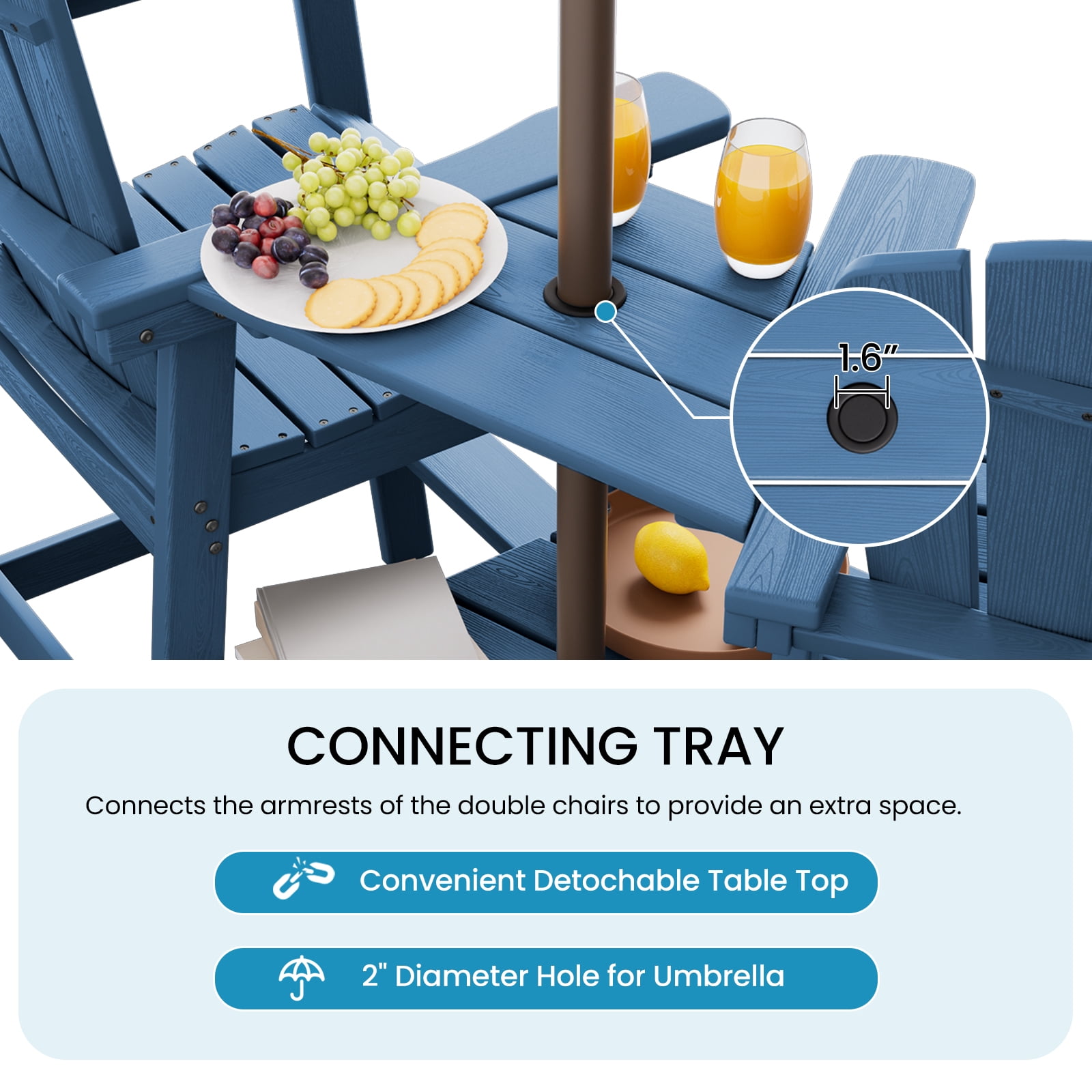 LOYALICE Tall Plastic Adirondack Chair Set of 2 W/ Outdoor Barstools and Connecting Tray, Navy Blue