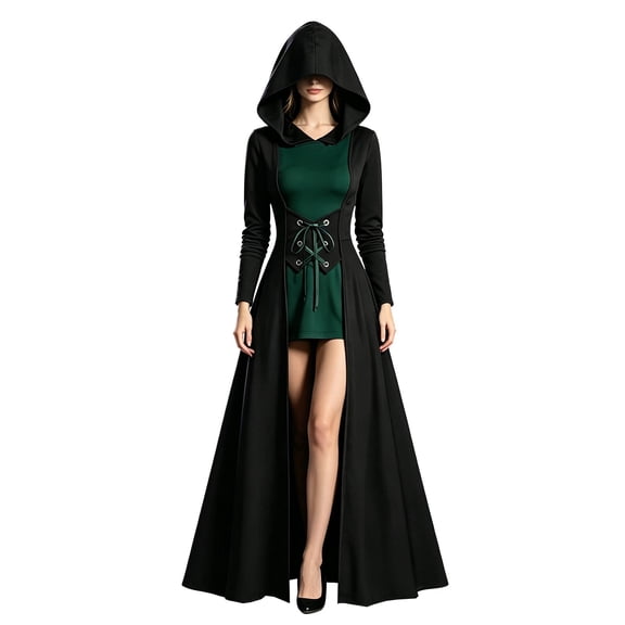 2026 Women Renaissance Hooded Maxi Dress, Steam Punk Lace Up Front Long Dress, Vintage Gothic Holiday Party Gown