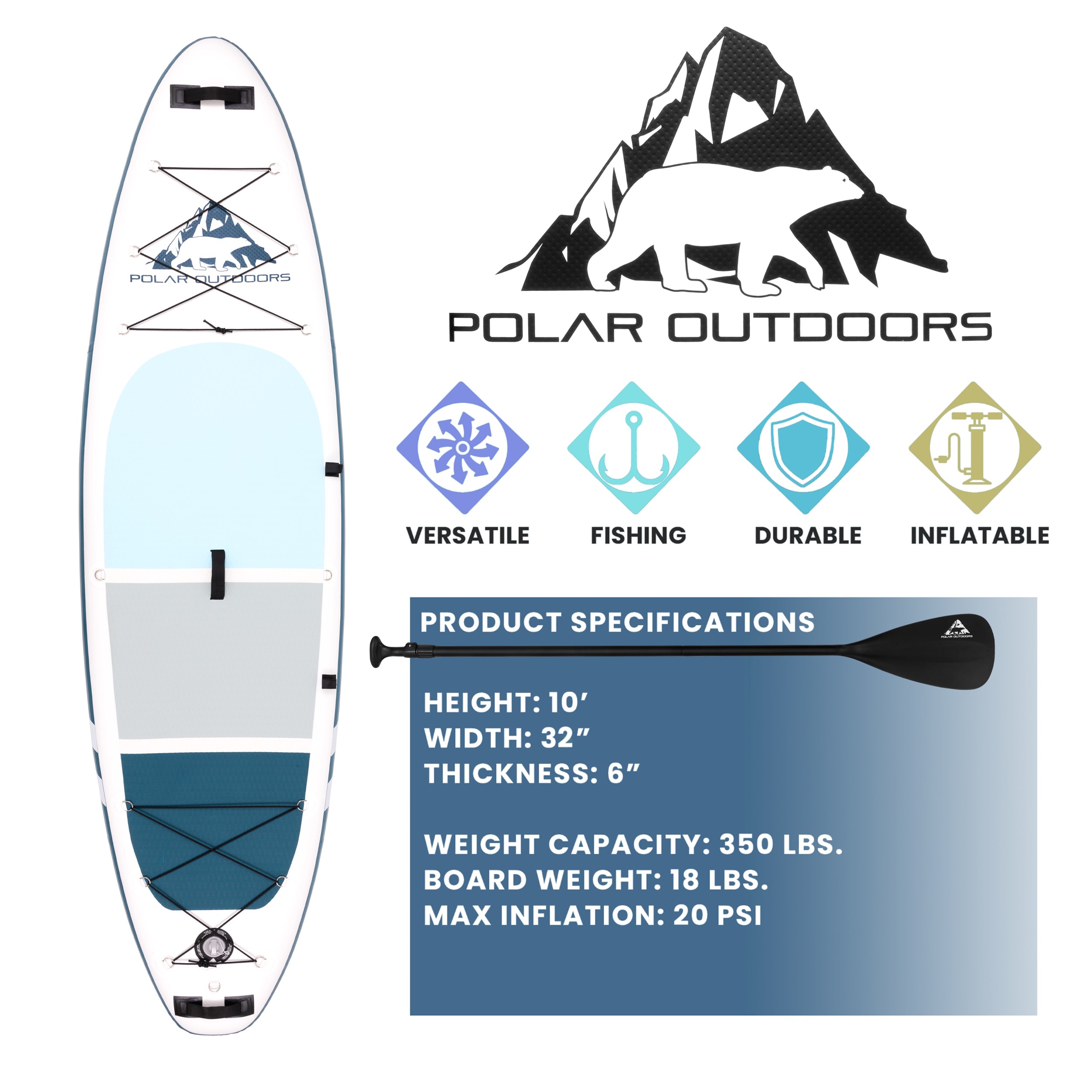Polar Outdoors by Roc Inflatable Stand Up Paddle Board with Premium sup Accessories & Backpack, Non-Slip Deck, Waterproof Bag, Leash, Paddle and Hand Pump - image 2 of 3