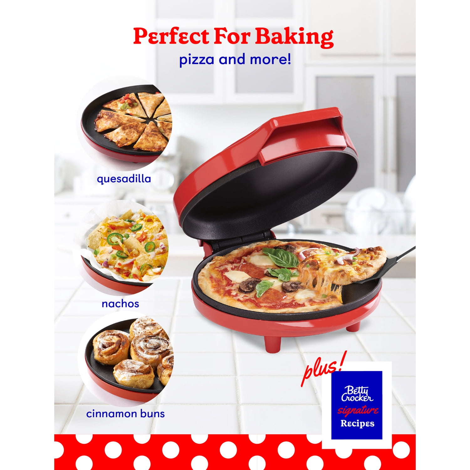 Betty Crocker 8-In. Indoor Electric Travel Nonstick Pizza Maker Plus with Insulated Travel Bag (Red)