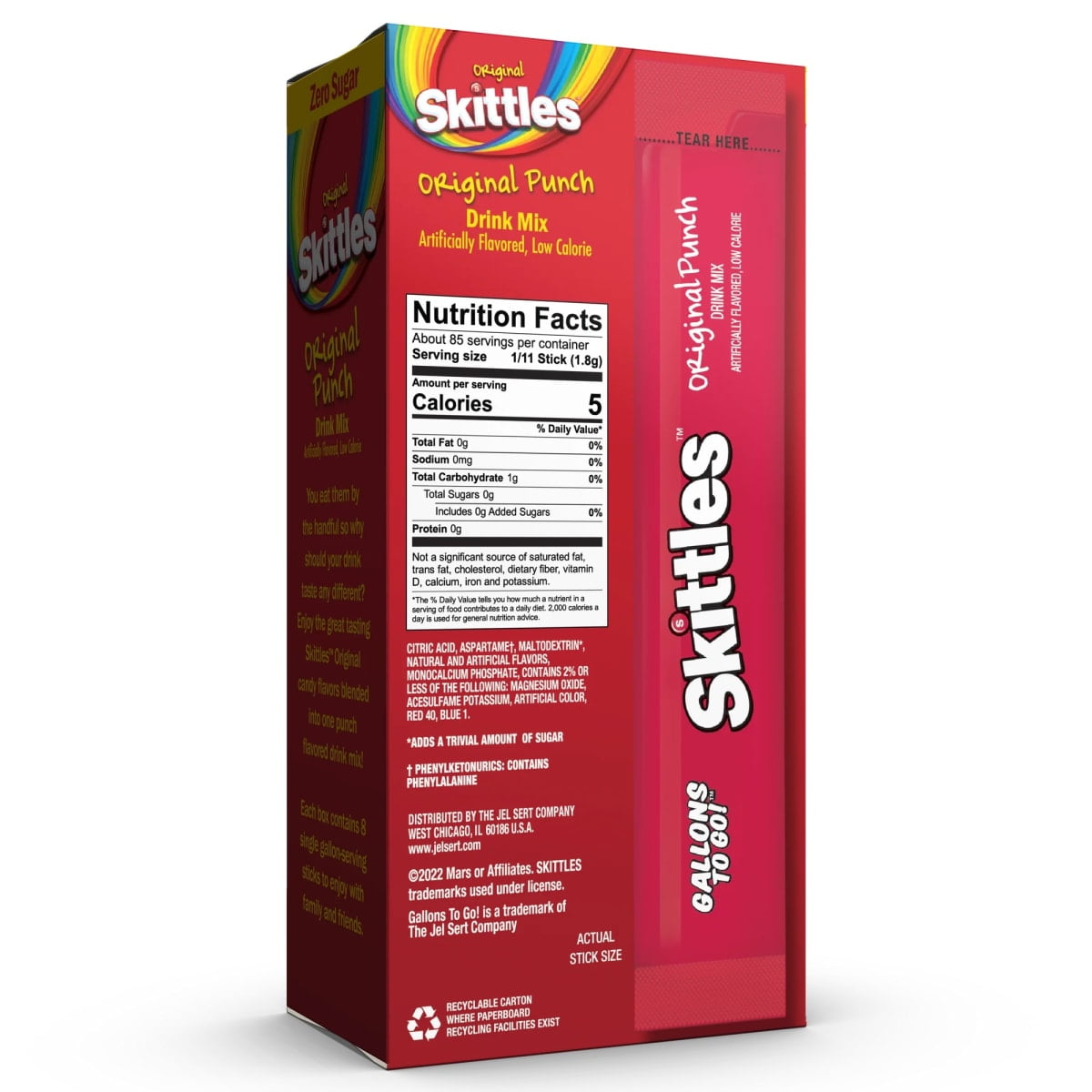 Skittles Zero Sugar Gallons-to-Go Powdered Drink Mix, Original Punch, 8 Count Gallon Pitcher Packets
