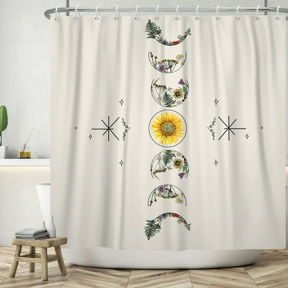 SUNOLIFE Sun and Moon Shower Curtain Moon Phase Floral Waterproof Fabric Bathroom Curtain 72x72 in