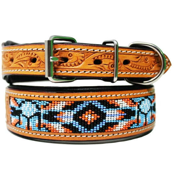 Large 21''- 25'' Full-Grain Genuine Padded Leather Beaded  Dog Puppy Collar 6044