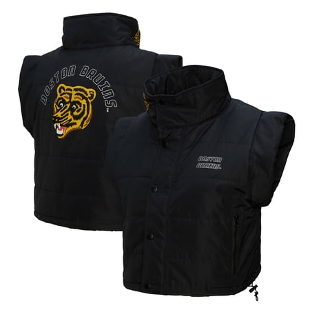 Women s-Mitchell & Ness Black Boston Bruins Cropped Full-Zip Puffer Vest