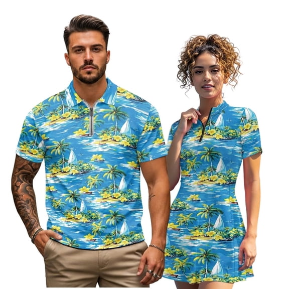 Binienty Island Sailboat Golf Clothing Set for Couple Casual 1/4 Zip Men's Golf Shirt Women's Golf Skort Matching Set for Tennis Hiking & Outdoor Sports Casual Summer Golf Outfit
