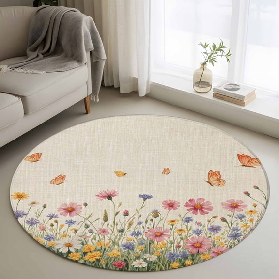 Round Area Rug 4 Ft, Watercolor Flowers Washable Non-Slip Circle Carpet for Living Room/Bedroom, Spring Daisy Floral Butterflly Beige Low-Profile Crawling Mats Collection Rugs for Indoor