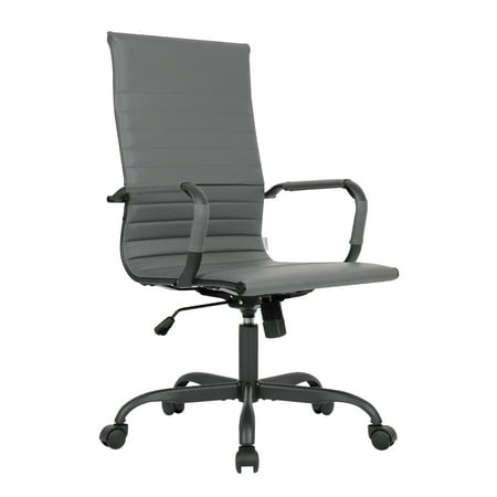 LeisureMod Harris Leather Swivel Armrests Modern High-Back Adjustable Executive Conference Chair for Office and Home Grey