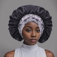 thumbnail image 2 of CUZIBR Womens Satin Bonnet Hat Fashionable Soft Floral Print Hair Sleep Skullcap Leisure Soft Hair Wrap Slouch Breathable Curly Hair Bonnet Night Caps Pleated Ruched Shower Cap,Black,One Size, 2 of 3