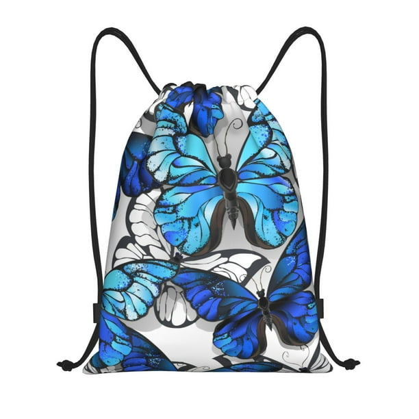 Fotbe Blue and White Butterflies Bolsa Mochila con Cordón Estampada, Bolsa de Gimnasio Deportiva, Bolsa Cinch, Bolsa con Cordón para Hombres y Mujeres-Small