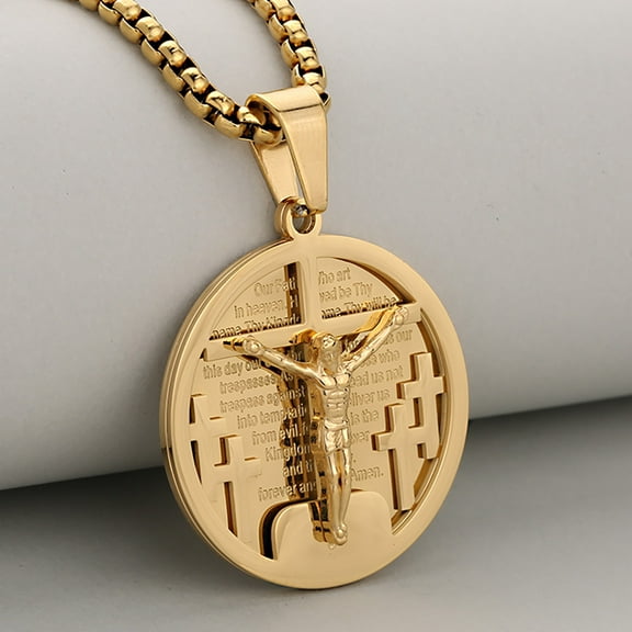 Gold Color Jesus On The Cross Necklace for Men 14K Yellow Gold Crucifix Medal Pendant Church Prayer Religious Jewelry Gift