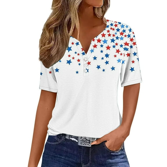 Cmfcve Patriotic Shirts for Women Short Sleeve V-neck Independence Day Blouse Star-Spangled Button Summer Bohemian Tunics