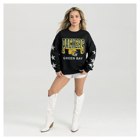 Women's Gameday Couture Black Green Bay Packers Pure Victory Rhinestud Star-Sleeve Pullover Sweatshirt