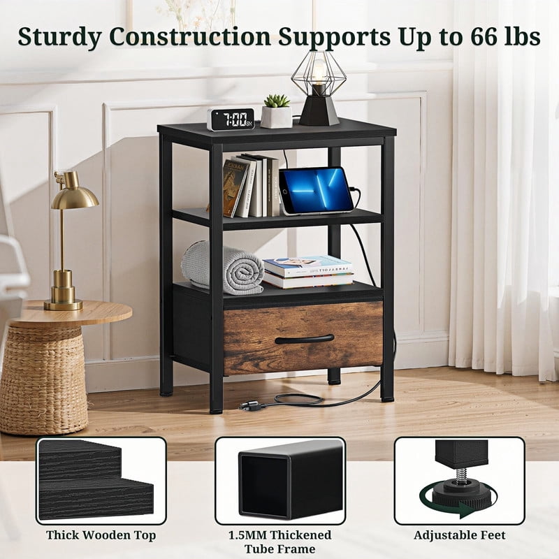 Kelno Nightstand with Fabric Drawer Charging Station USB TypeC Outlets Small Bedside Table with Wood Top Adjustable Shelf, Black Brown