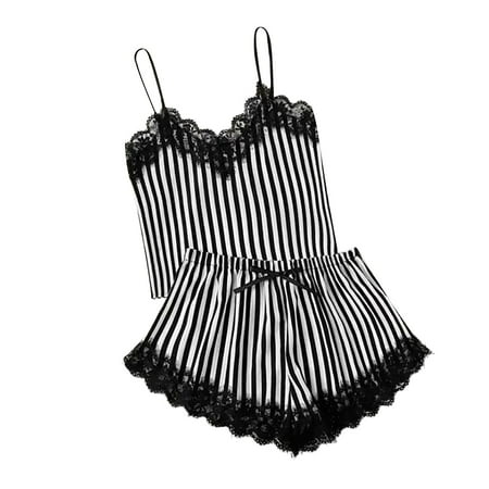 

Lingerie For Women Ladies Imitation Silk Lace Pajamas Striped Printed Camisole + Shorts 2Pcs Pajamas