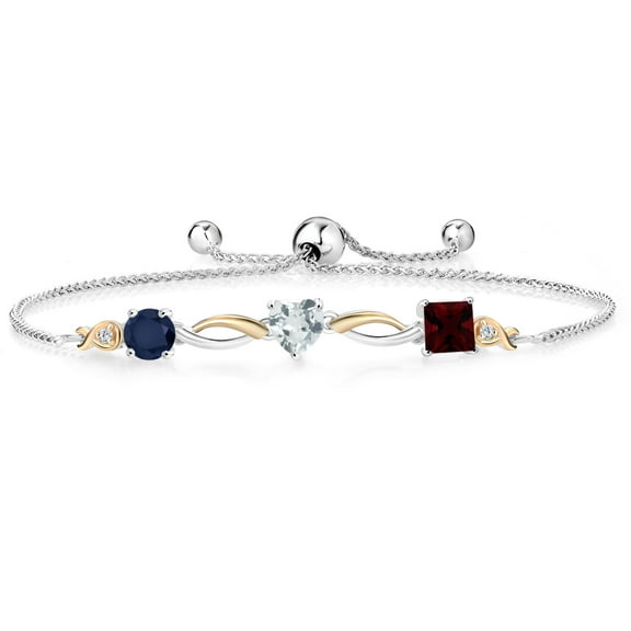Gem Stone King 925 Silver and 10K Yellow Gold Blue Sapphire Sky Blue Aquamarine Red Garnet and Lab Grown Diamond Tennis Bracelet for Women By Keren Hanan (2.25 cttw, Adjustable up To 9 inch)