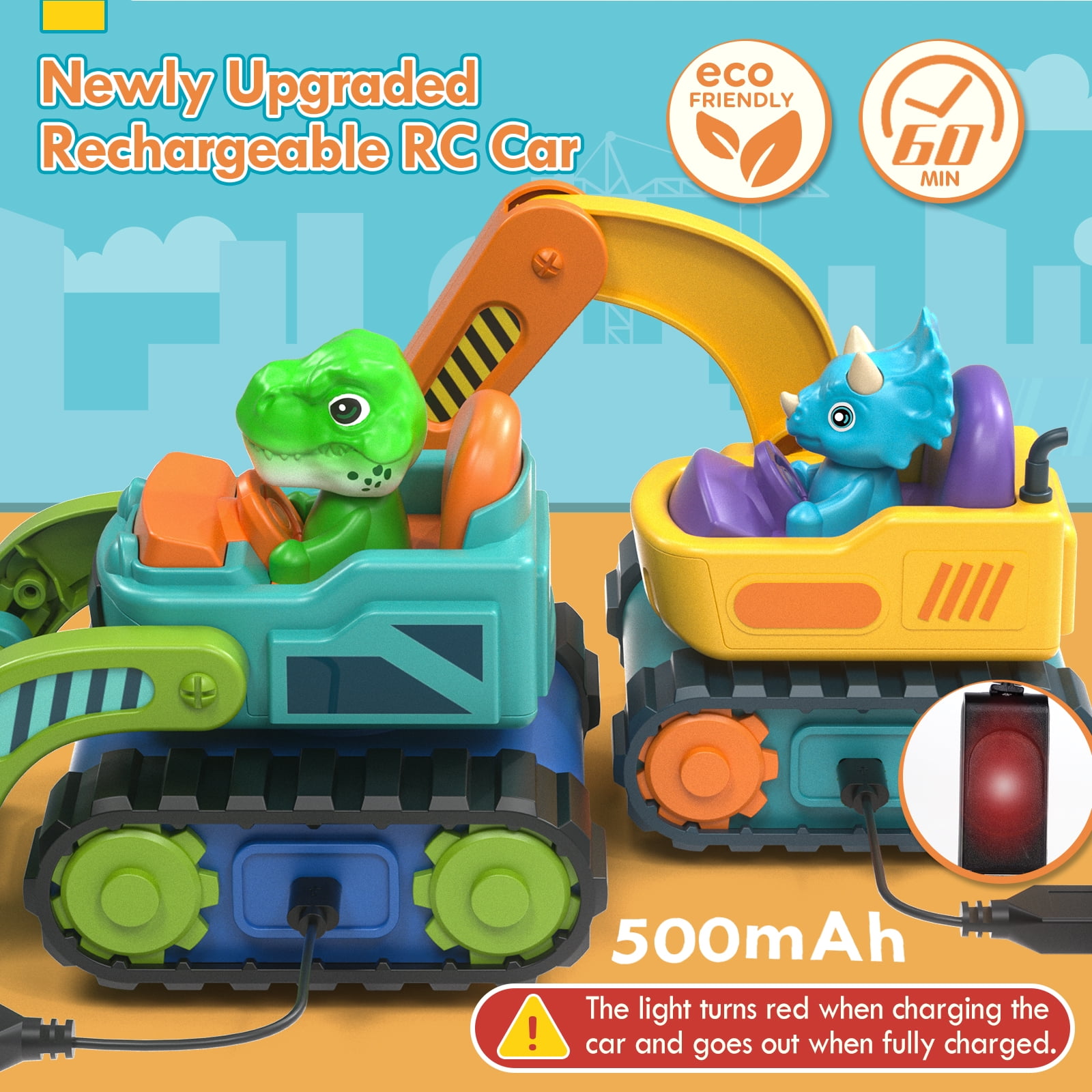 2 Pack Remote Control Car, Dinosaur RC Car Toy with Lights & Music for Toddler 2 3 4 Year Old Boy