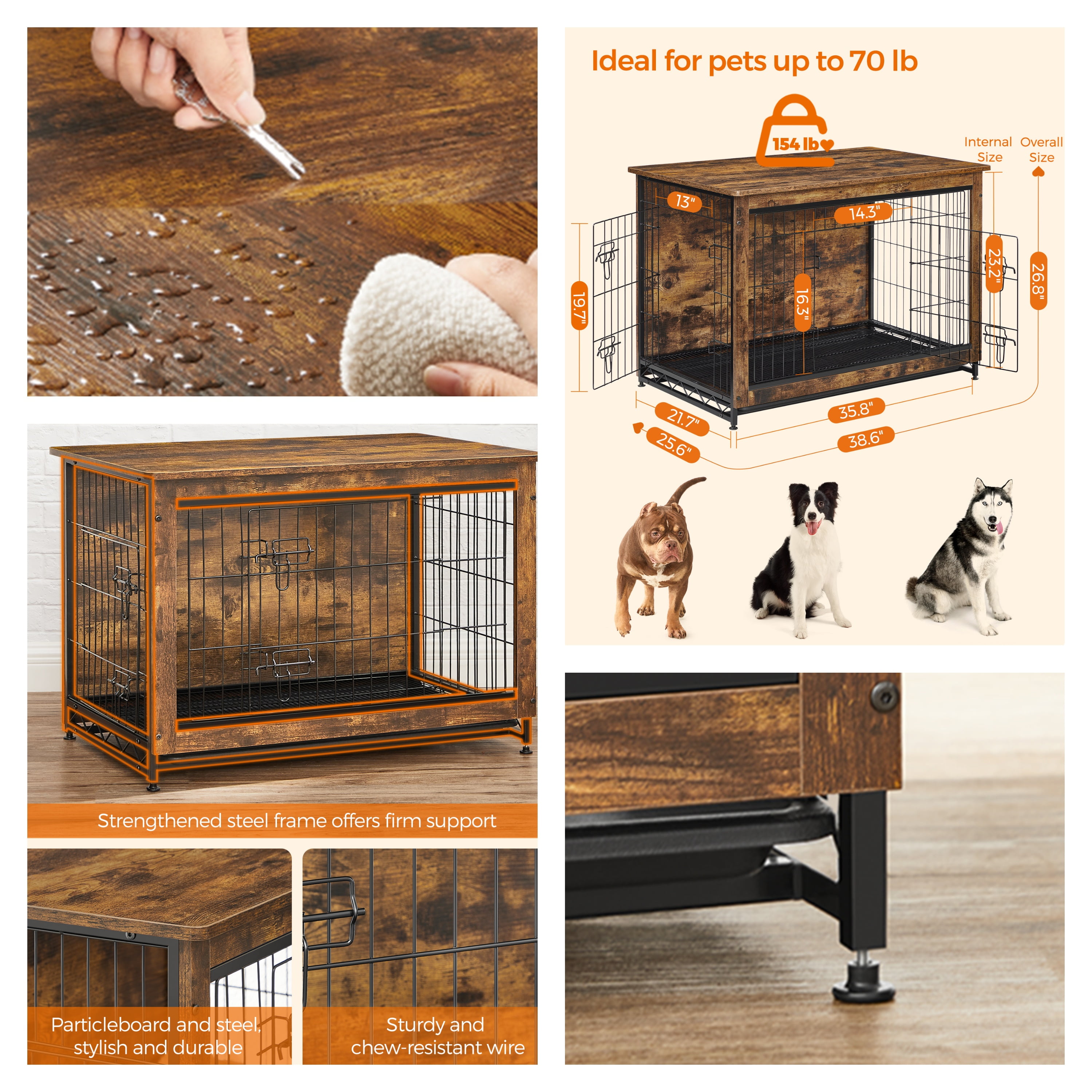 LEDREM Dog Crate Furniture, 38.6-Inch Indoor Dog Kennel with Double Doors, Removable Tray, Side Table, for Dogs up to 70 lb, Rustic Brown
