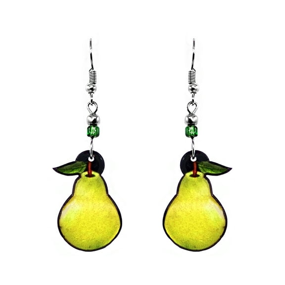 Pear Fruit Graphic Dangle Earrings - Womens Fashion Handmade Jewelry Food Themed Accessories