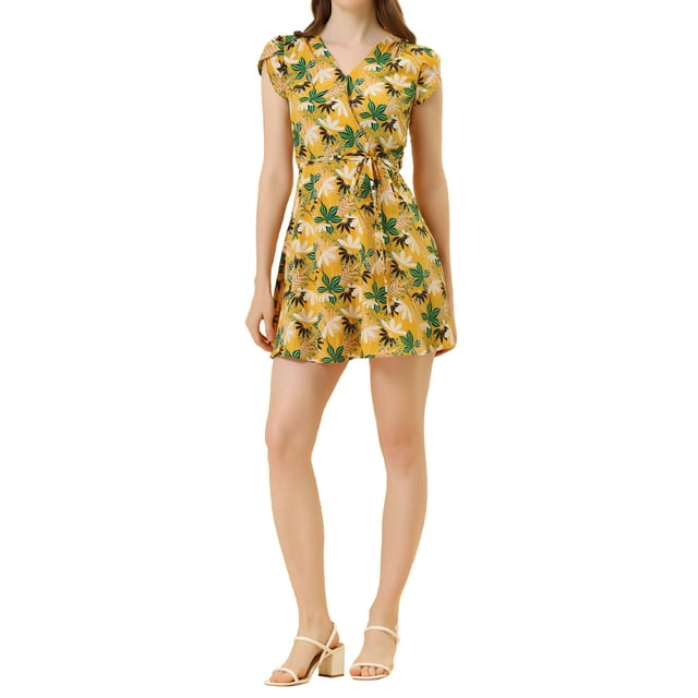Vestido con cuello en V cruzado de flores para mujer con mangas de pétalo y cinturón XL amarillo-floral