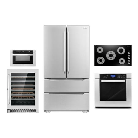 Cosmo 5 Piece Kitchen Appliance Package With 36  Electric Cooktop 24  48 Bottle Freestanding Wine Refrigerator 30  Single Electric Wall Oven 24  Built-In Microwave Drawer & French Door Refrigerator