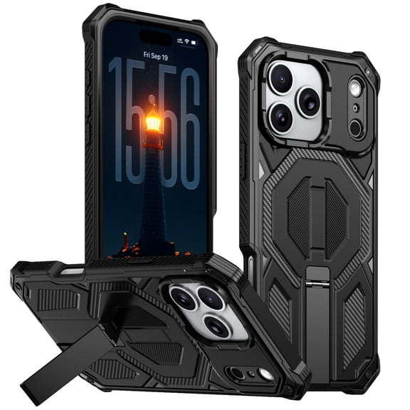 Lunvic Heavy Duty Shockproof Case for iPhone 17 Pro with Kickstand Magnetic Protection Reinforced Front Frame No Screen Protector Cover, Black
