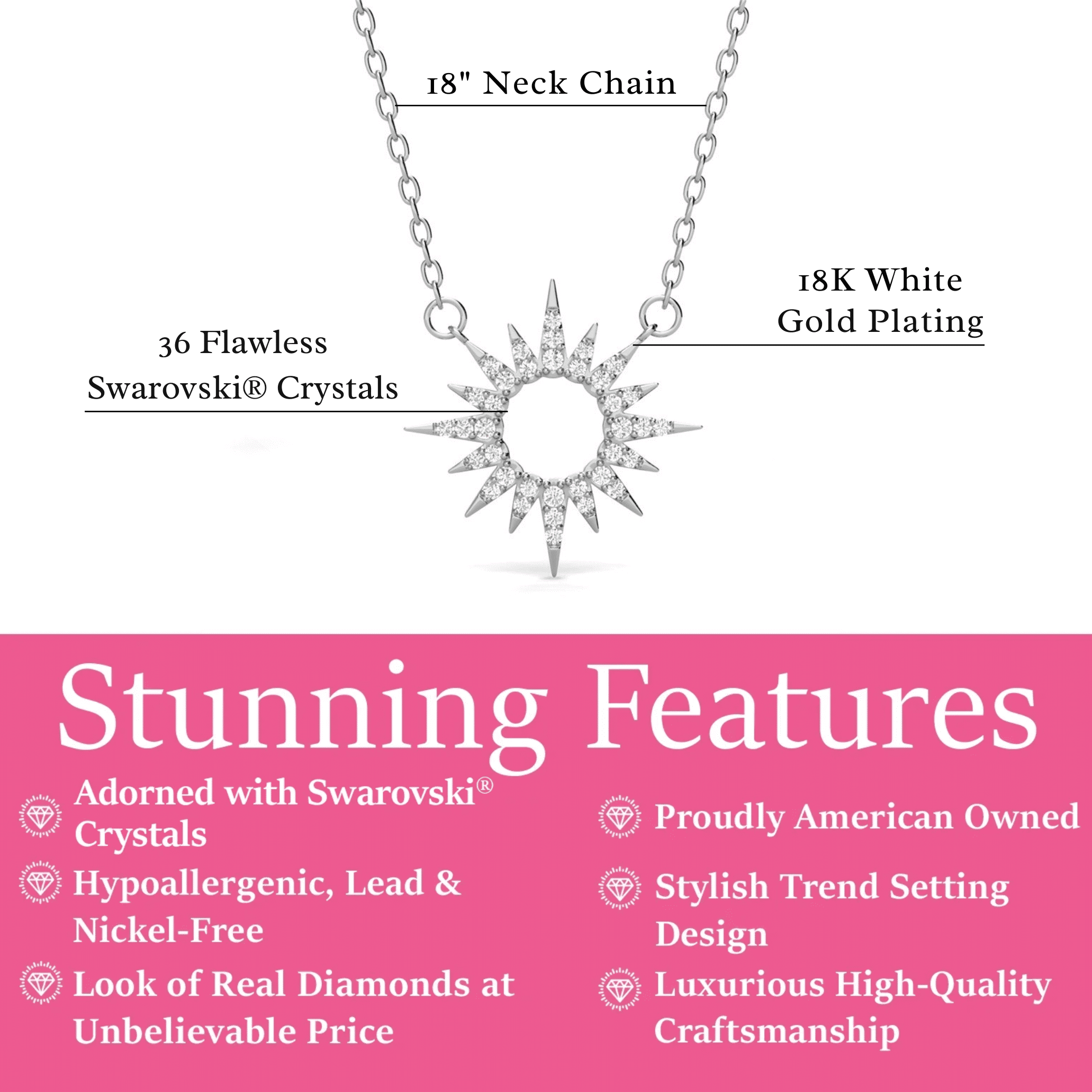 Cate & Chloe Evie 18k White Gold Plated Sun Pendant Necklace with Swarovski Crystals Gift for Women