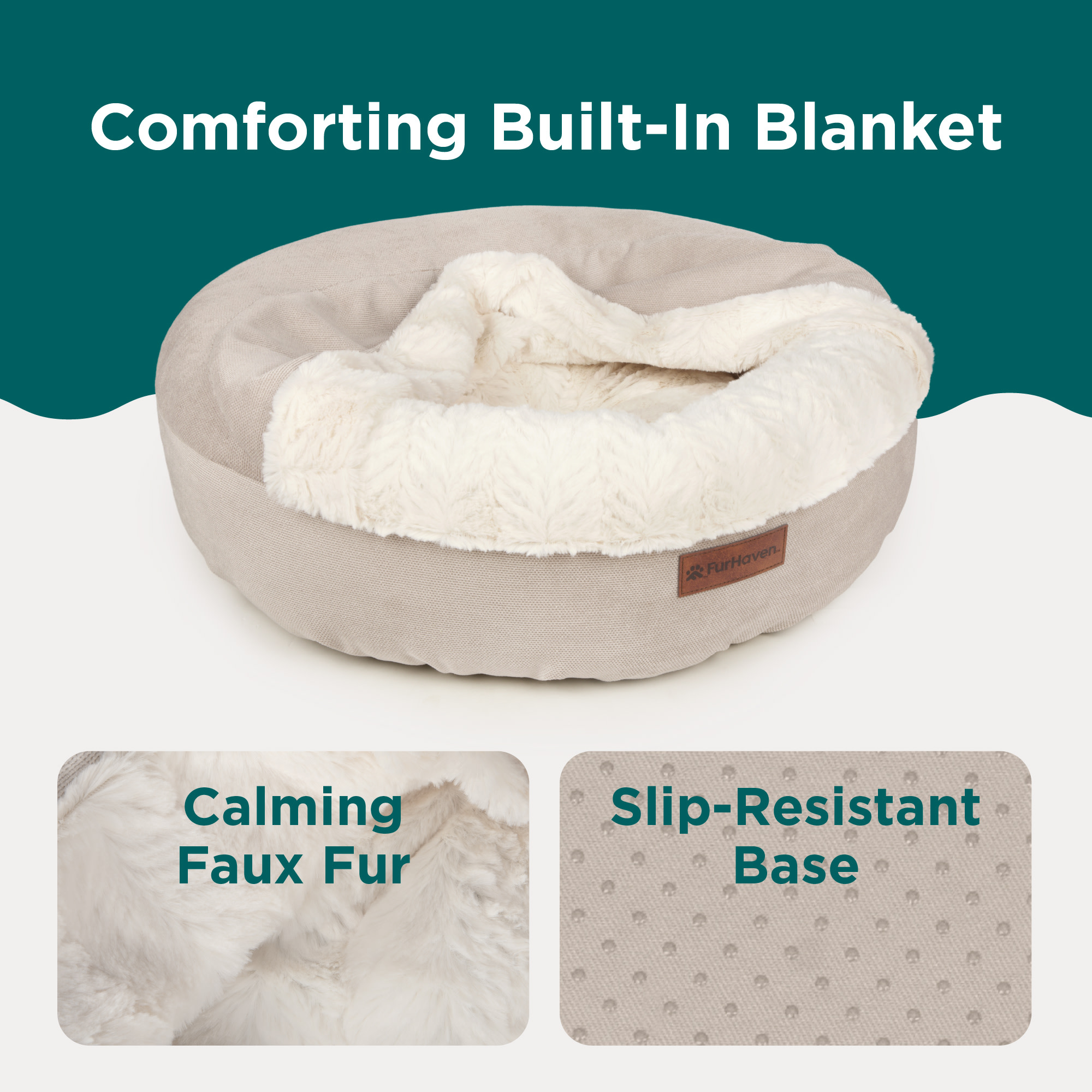 Furhaven Hooded Donut Calming Pet Bed, Small, Taupe photo 3