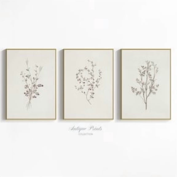 Botanical Wall Art, Vintage Neutral Branch Drawing, Set of 3 Minimalist Neutral Floral Sketch Prints, Farmhouse Cottagecore Decor, Poster Only