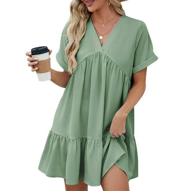 Staron Robes Décontractées pour Femmes Vertes en Liquidation à Moins de 10 $ Robes à Col en V Profond Robe d'Été Décontractée à Manches Courtes Unie Smockée Fluide en Ligne à Étages m