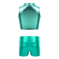 thumbnail image 2 of Jizyo Kids Girls 2Pcs Shiny Metallic Crop Tank Top with Booty Shorts Ballet Dance Jazz Hip Hop Blue Green 12, 2 of 5