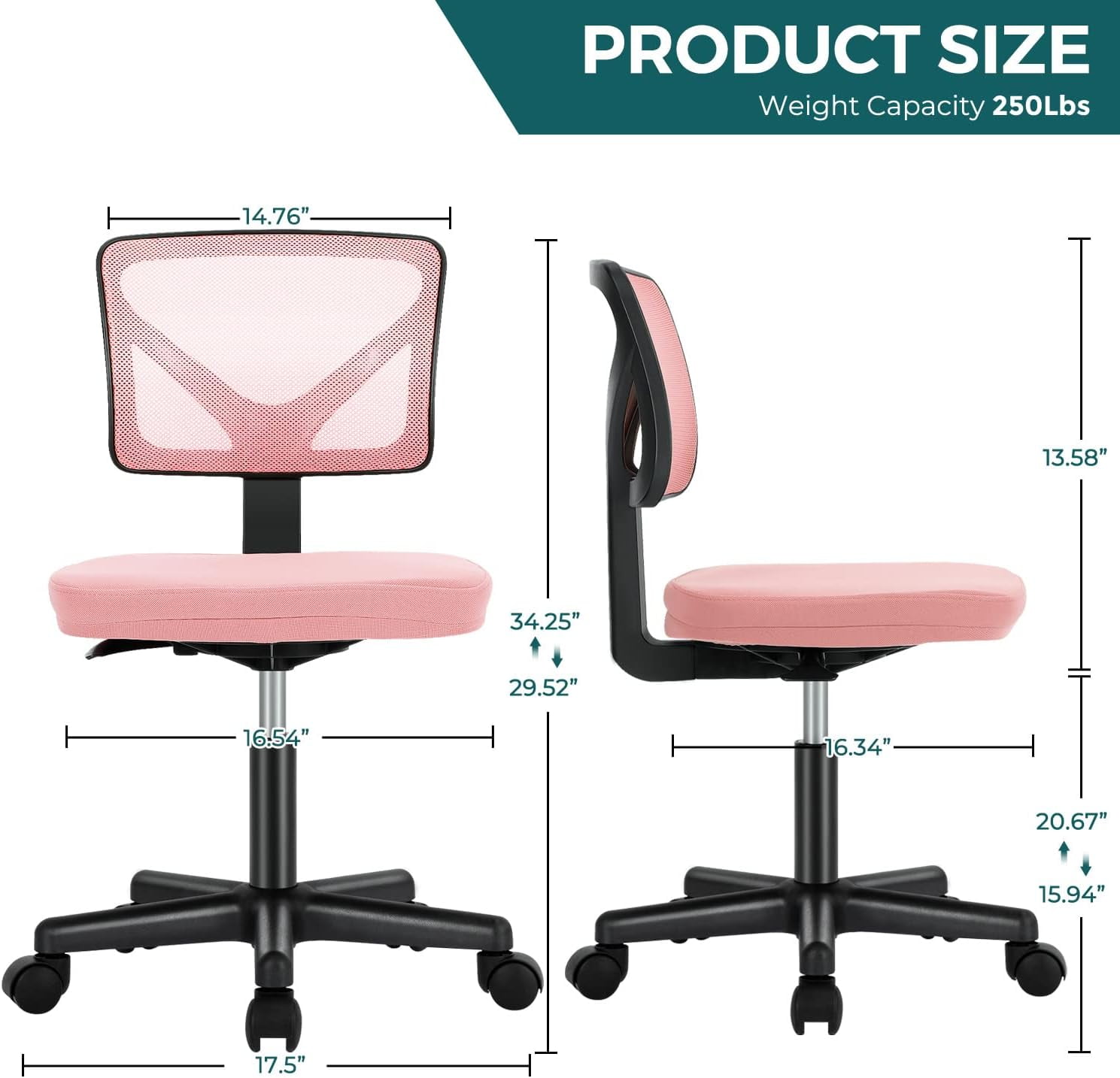 Armless Mesh Office Chair, Ergonomic Low-Back Swivel Desk Chair with Wheels and Lumbar Support, Height Adjustable, Pink