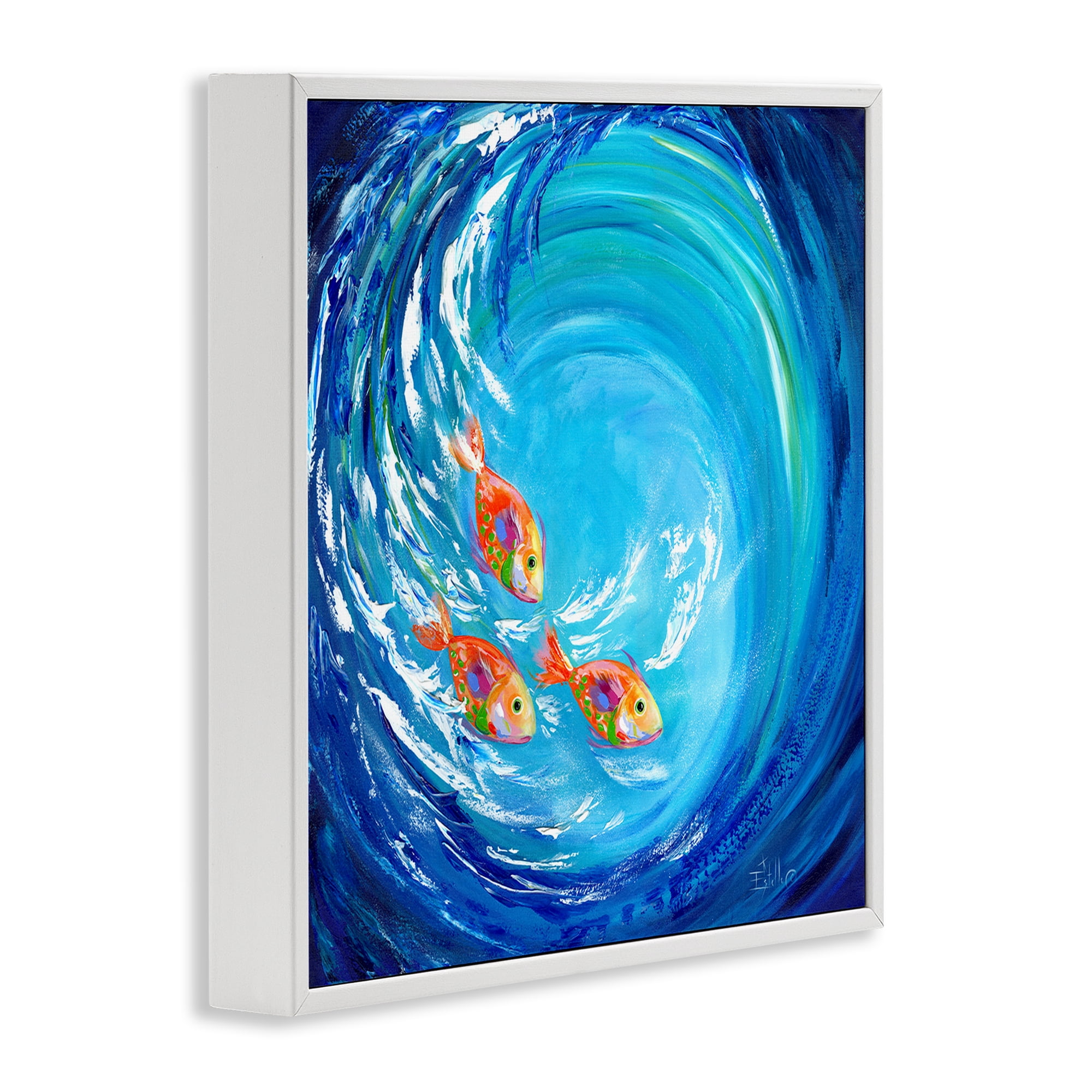 Stupell Industries Into The Blue Fish Landscape Painting White Framed Art Print Wall Art, 24 x 24