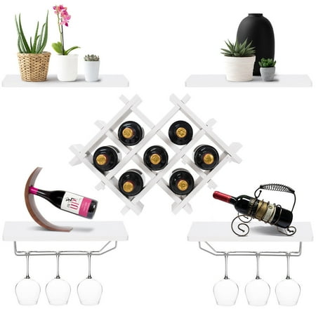 Wall Mounted Wine Glass Holder - Gymax Set of 5 Wall Mount Wine Rack Set Storage Shelves and Glass Holder White