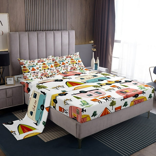 Erosebridal Colorful RV Car Bed Sheets Set Twin Size, Rustic Camping Bed Sheets Twin, Camper Decor 3pcs