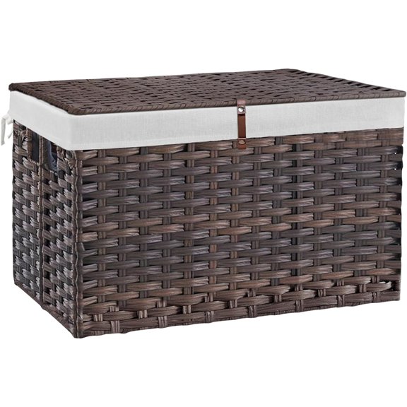 Wicker Storage Basket with Lid, Handwoven Rattan Large Shelf Basket with Removable Liner, Wicker Basket for Blanket, Storage Trunk with Handle for Closet, Bedroom, Livingroom