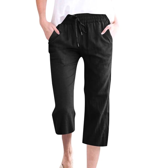 Capris Womens Cotton Linen Knee Length Elastic Waist Drawstring Bermuda Shorts Casual Beach Shorts with Pockets, Black 20" Inseam S