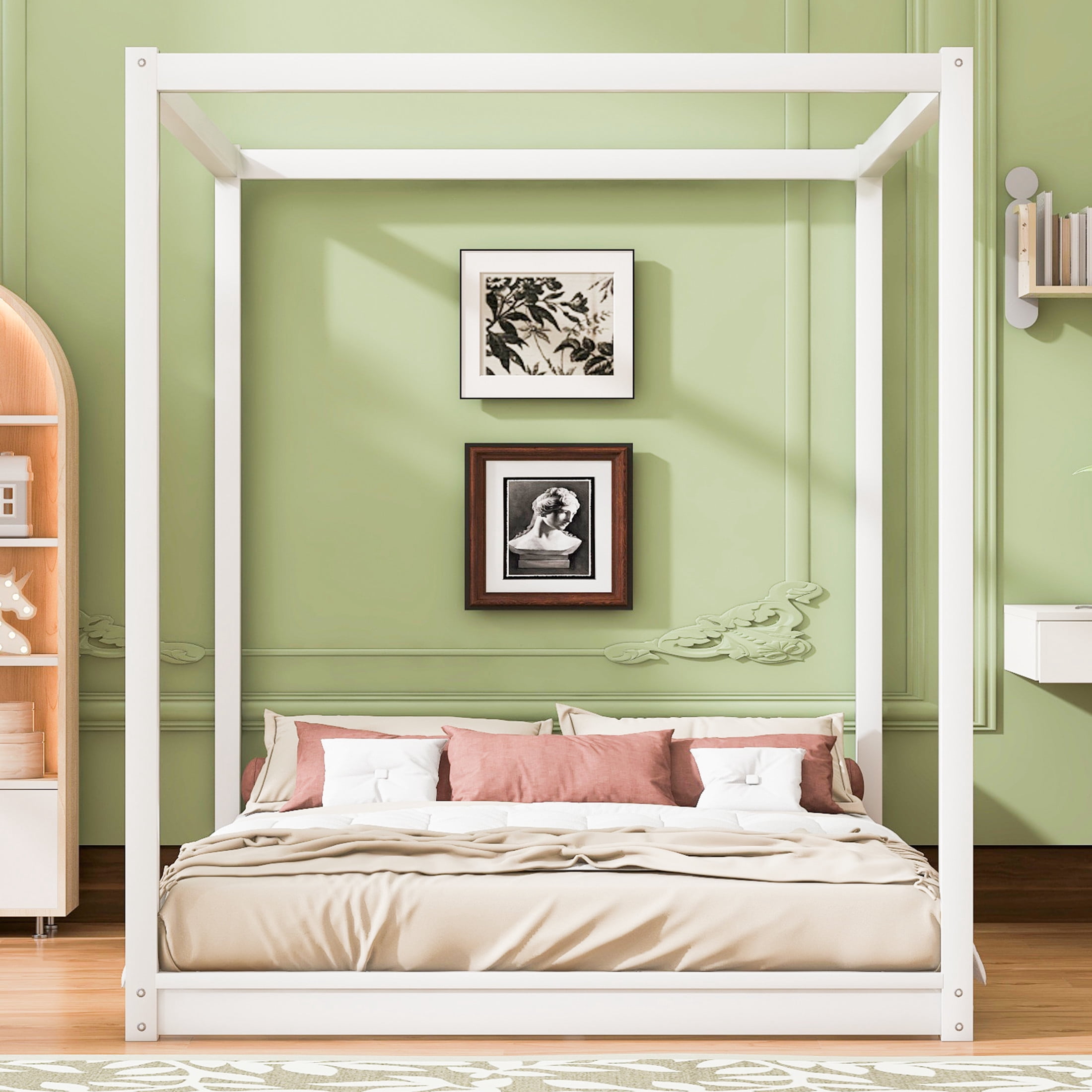 Noble House Queen Erika Canopy Platform Bed, Modern Minimalist Wood Frame with Slat Support, Support Legs, White