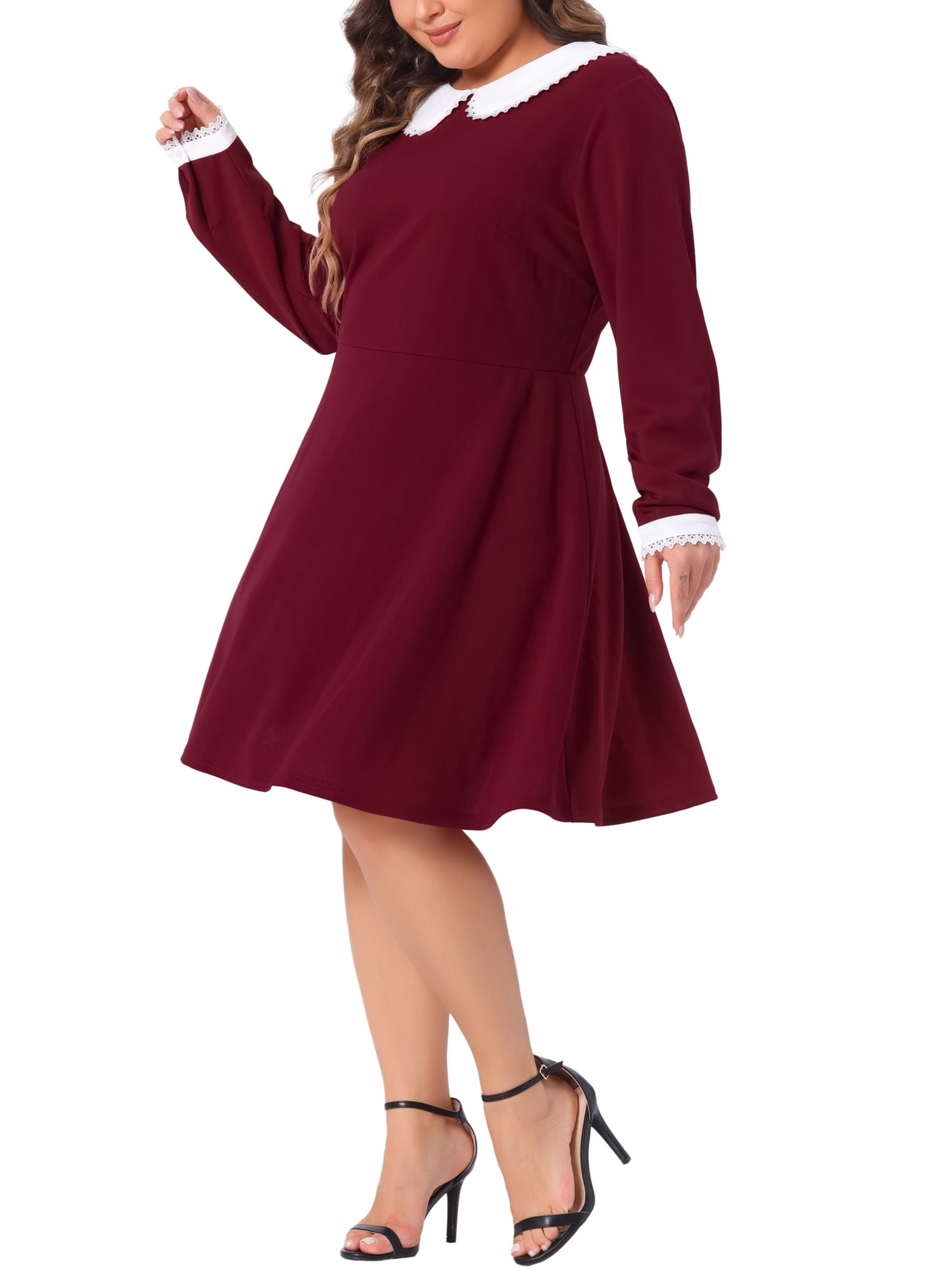 DARING DIVA Women's Plus Size Long Sleeves Collar A-line Midi Dress 1X Burgundy
