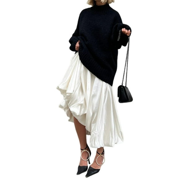 Women'S Bubble Satin Maxi Skirt Low Waist Ruffle Pleated A Line Puffy Summer Flowy Balloon Skirt Beige XS