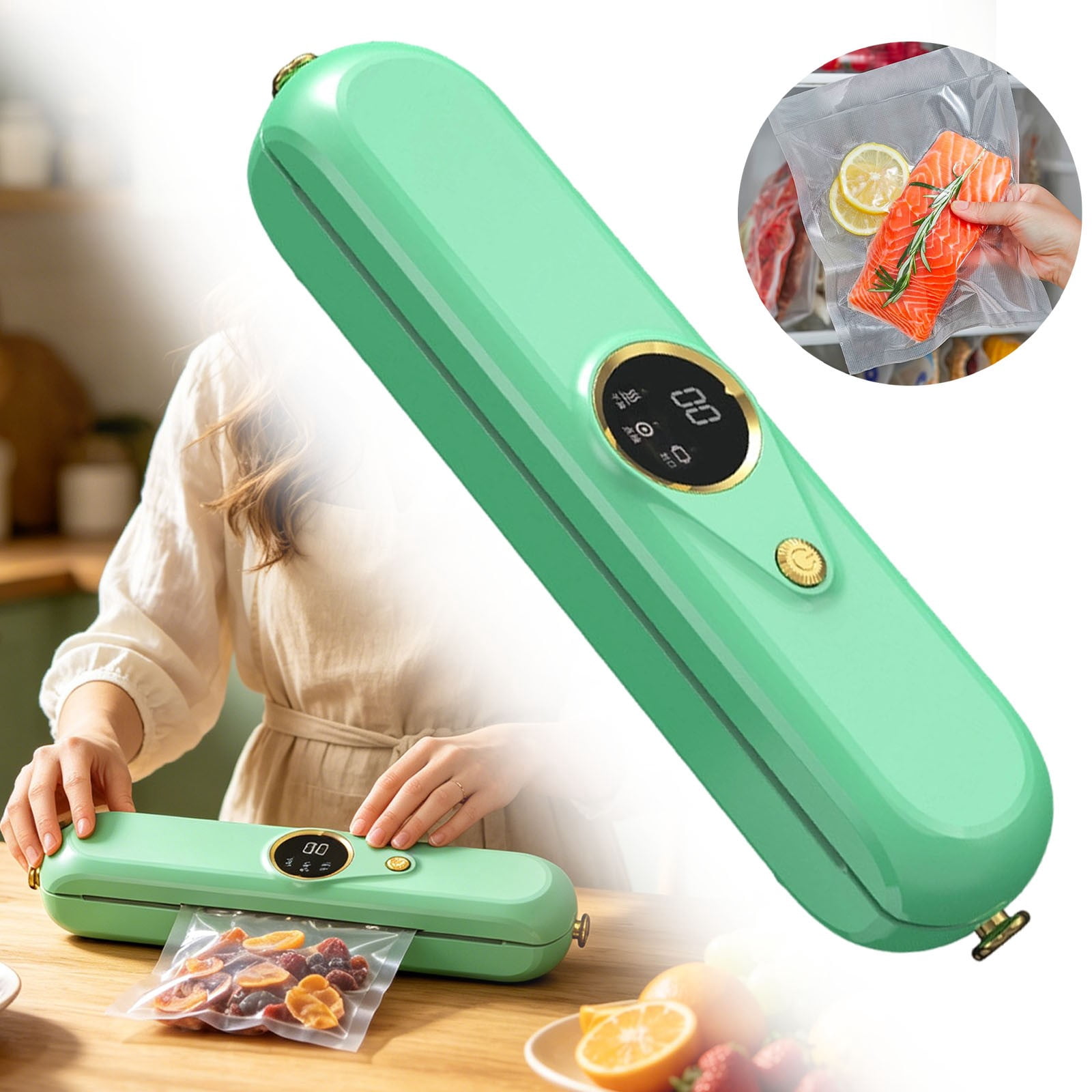 Automatic Food Vacuum Sealer Machines With 10 Free Bags, Food Sealers Vacuum Sealing Systems Dry Wet Food Sealers for Food Preservation Meal Prep,60kPa Strong Suction One-Touch Operation,Green