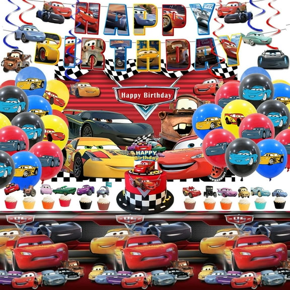 Cars Theme Birthday Party Decorations Set with Backdrop Tablecloth Balloons Toppers Banner Swirls, 50 Pieces